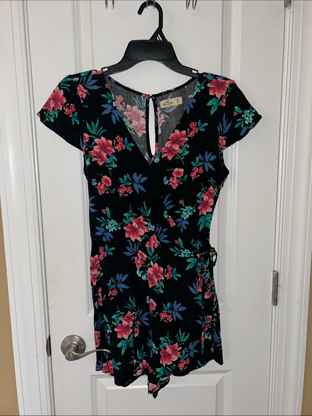 Hollister Black Floral Wrap Romper with Pink & Green Blooms